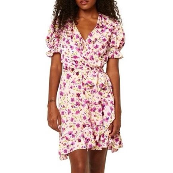 MISA Los Angeles Floral Watercolor Wrap Mini Dress Size Large - Picture 1 of 5